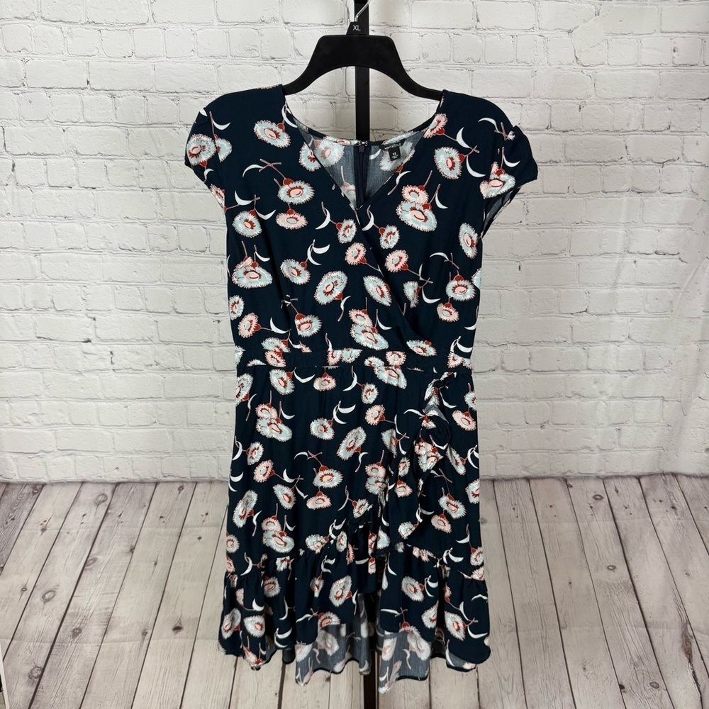 J. Crew Mercantile Floating Floral Ruffle V-Neck Faux Wrap Dress Blue Size 12